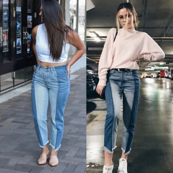 Two Toned Denim Mom Jeans Size 28 High Waisted Raw Hem Cropped - Picture 2 of 13